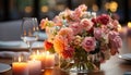 Romantic table decoration flower bouquet, candle, elegance, celebration, luxury generated by AI Royalty Free Stock Photo