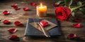 Romantic table setting with candlelight and rose petals for a special occasion. Generative AI Royalty Free Stock Photo