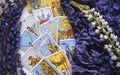 Romantic Tarot Setup Background. Tarot cards and Lupin flowers. Royalty Free Stock Photo