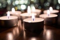 7 Romantic Tealights For Dinner On Wooden Table With Bokeh At Night