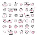 Romantic teapot, cups and mugs collection with hearts. Perfect for tee, stickers, greeting card, party invitation and print. Flat