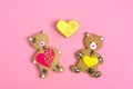 Romantic Teddy bear, gingerbread heart on trendy pink background. Happy Valentine`s Day, Mother`s Day, March 8, World Women`s Day