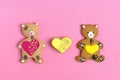 Romantic Teddy bear, gingerbread heart on trendy pink background. Happy Valentine`s Day, Mother`s Day, March 8, World Women`s Day