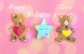 Romantic Teddy bear, gingerbread heart on trendy pink background. Happy Valentine`s Day, Mother`s Day, March 8, World Women`s Day