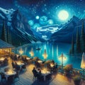 A romantic terrace cafe on a breathtaking lake, with blue mountain view, at a starry night of Van Gogh, moonlit