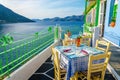 Romantic terrace in cozy Greek restaurant. sea view Royalty Free Stock Photo