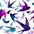 Romantic theme in pink, blue and violet swallows and feathers in seamless pattern Royalty Free Stock Photo