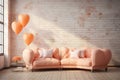 A romantic-themed room, decorated with airy balloons and snug sofas positioned near a peach fuzz-colored brick wall, creating a