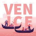 Romantic Tour In Italy Venice Concept. Happy Loving Couples In Gondolas With Gondoliers Floating Along Canal, Hugging