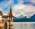 Romantic tower of amazing Oberhofen castle on Lake Thun, Switzerland Royalty Free Stock Photo