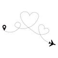 Romantic travel, heart dashed line trace and plane routes. Hearted airplane path, flight air dotted love valentine day drawing Royalty Free Stock Photo