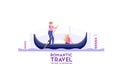 Romantic travelling in Venice. Gondolier carries a girl in a gondola on the channel. Summer vacation concept. Vector illustration Royalty Free Stock Photo