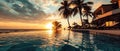 A Romantic Tropical Getaway With A Pool, Palm Trees, And Stunning Sunsets Royalty Free Stock Photo