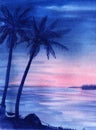 Romantic tropical landscape background. Dark silhouettes of palm trees against delicate sunset. Blue and pink sky merges with its Royalty Free Stock Photo