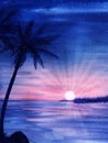 Romantic tropical landscape background. Dark silhouettes of palm trees against rising sun dispersing darkness of starry