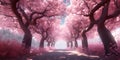 the romantic tunnel of pink cherry blossom flower trees spring in the park Royalty Free Stock Photo