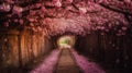 The romantic tunnel of pink flower trees. Generative AI Royalty Free Stock Photo