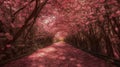 The romantic tunnel of pink flower trees. Generative AI Royalty Free Stock Photo