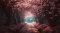 The romantic tunnel of pink flower trees. Generative AI Royalty Free Stock Photo