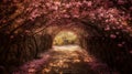 The romantic tunnel of pink flower trees. Generative AI Royalty Free Stock Photo