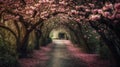 The romantic tunnel of pink flower trees. Generative AI Royalty Free Stock Photo