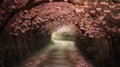 The romantic tunnel of pink flower trees. Generative AI Royalty Free Stock Photo