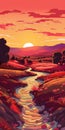 Romantic Tuscany River At Sunset Illustration