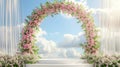 Romantic twilight setting product podium beneath elegant rose arch for enchanting display