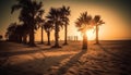 Romantic twilight on tranquil tropical coast, palm leaves backlit by sunset generated by AI