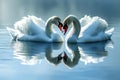 Romantic two swans. Water reflection on blue background