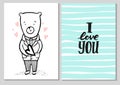 Romantic Valentine Cute Card. Bear in a suit with hearts. Hand drawn vector illustration of cute bear with heart.