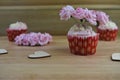 Some Valentines day romantic cup cakes with pink paper roses for decoration on top Royalty Free Stock Photo