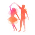 Romantic Valentine lovers dancing silhouette on watercolor background. Love at first sign concept. Engagement couple. Happy