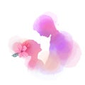 Romantic Valentine lovers silhouette on watercolor background. Love at first sign concept.  Engagement couple. Happy valentine`s Royalty Free Stock Photo