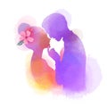 Romantic Valentine lovers silhouette on watercolor background. Love at first sign concept.  Engagement couple. Happy valentine`s Royalty Free Stock Photo