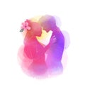 Romantic Valentine lovers silhouette on watercolor background. Love at first sign concept. Engagement couple. Happy valentine`s