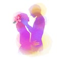 Romantic Valentine lovers silhouette on watercolor background. Love at first sign concept. Engagement couple. Happy valentine`s