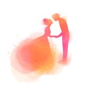 Romantic Valentine lovers silhouette on watercolor background. Love at first sign concept. Engagement couple. Happy valentine`s