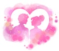 Romantic Valentine lovers silhouette on watercolor heart background. Love at first sign concept