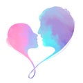 Romantic Valentine lovers silhouette on watercolor heart background. Love at first sign concept with clipping path. Digital art Royalty Free Stock Photo