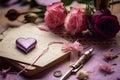 Romantic Valentine\'s card and pen on the table with completed love letter