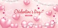 Romantic Valentine\'s Day background. Hearts pink balloons with frame and light shiny decorative. Royalty Free Stock Photo