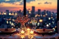 A romantic Valentine\'s Day dinner setting, candlelit table for two, elegant decor, soft lighting, with a city skyline in the