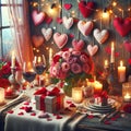 Romantic Valentine's Day dinner setting with heart decorations, candles, roses, wine glasses,