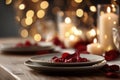 romantic ValentineÃ¢â¬â¢s Day dinner table setup, candles, rose petals Royalty Free Stock Photo