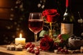 Romantic valentine's day dinner. Wine, red roses and two glasses close-up on a wooden surface Royalty Free Stock Photo