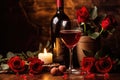 Romantic valentine's day dinner. Wine, red roses and two glasses close-up on a wooden surface Royalty Free Stock Photo