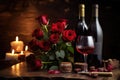 Romantic valentine's day dinner. Wine, red roses and two glasses close-up on a wooden surface Royalty Free Stock Photo