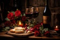 Romantic valentine's day dinner. Wine, red roses and two glasses close-up on a wooden surface Royalty Free Stock Photo