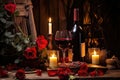 Romantic valentine's day dinner. Wine, red roses and two glasses close-up on a wooden surface Royalty Free Stock Photo